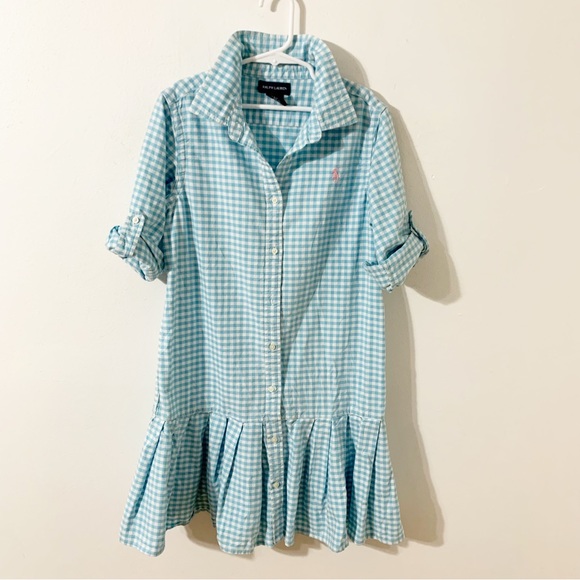 Ralph Lauren Gingham Print Button Front Shirt Dress Ruffled Hem Half Tab Sleeves - Picture 5 of 13